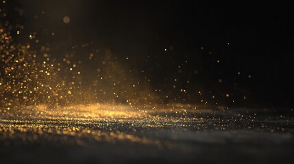 luxurious golden dust and sparkling light particles floating on dark background, elegant festive atmosphere, cinematic lighting