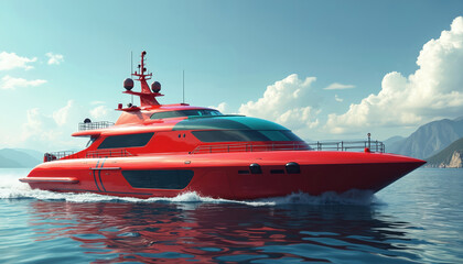 Obraz premium Bright red futuristic boat speeds on blue ocean water. Modern vessel creates white wake. Distant mountains rise under blue cloudy sky. Luxury yacht travels across open sea for vacation, adventure