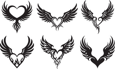 Tribal heart wings tattoo vector silhouette set
