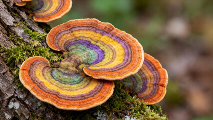 Vibrant, Colorful Turkey Tail Mushrooms Growing on a Mossy Tree Trunk