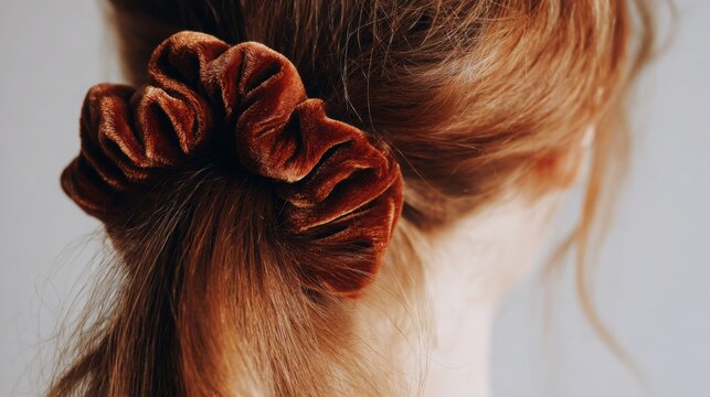 macro of velvet scrunchie on thick auburn ponytail, gentle lighting, neutral textured background, cozy handmade aesthetic