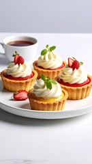 Close Up Shot of Gourmet Fruit Tarts on a White Plate Alongside a Coffee Cup and Bright Background