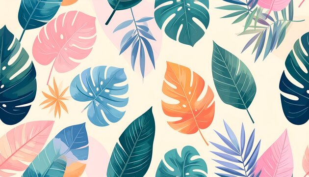 A pattern of colorful, stylized tropical leaves against a cream-colored background