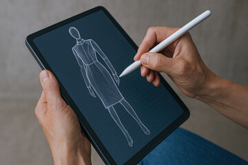 Digital fashion sketch on tablet showing female dress silhouette with stylus drawing elegant knee length sheath dress and subtle emotional focus on creative design process