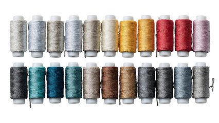 Variety of colorful sewing threads in spools showcasing a spectrum of hues for creative projects isolated on transparent background