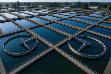 Aerial wastewater treatment facility with rectangular clarifier basins and circular settling tanks, industrial water treatment infrastructure reflecting sky and trees, geometric patterns