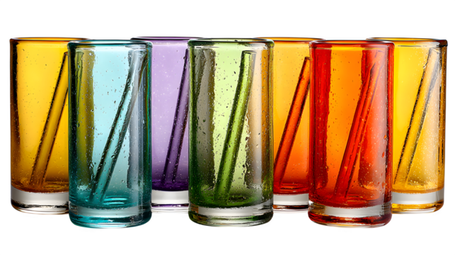 Colorful glass drinking straws and vessels, translucent hues with specular highlights, isolated on white background