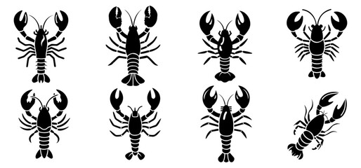 Collection of Black Crayfish Icons - Isolated Marine Animal Graphics