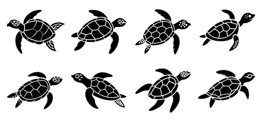 Sea Turtle Silhouette Vector Icon Set - Marine Reptile and Wildlife Collection