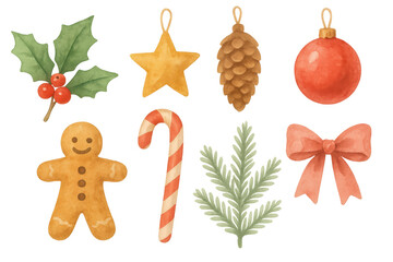Christmas decoration set with gingerbread man, holly, candy cane, pine cone, bauble, bow, isolated illustration