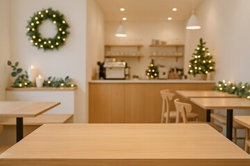 Cozy Scandinavian Coffee Shop Decorated for Christmas with Empty Wooden Table in Foreground, Warm Lights and Festive Interior, Minimal Modern Holiday Cafe Background