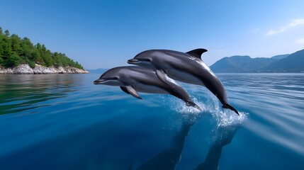 Fototapeta premium Two dolphins joyfully breaching the crystal-clear blue waters of a remote, scenic coastal region.