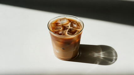Iced coffee in glass with ice cubes and shadow on white background