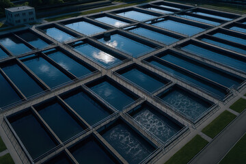 Obraz premium Aerial view of rectangular water treatment basins with walkways and reflections, industrial facility with clear pools and maintenance building, calm blue water and geometric pattern