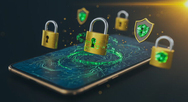 An illustrative image depicts cybersecurity measures, including digital locks and security shields, protecting a smartphone. It shows secure data transfer and privacy.