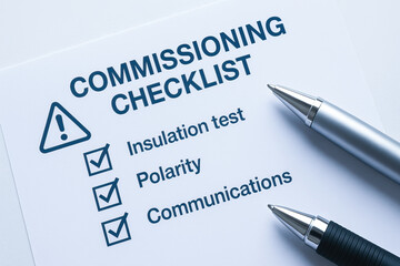 Commissioning checklist document with insulation test, polarity and communications items checked, metallic pens on white desk conveying technical inspection and approval