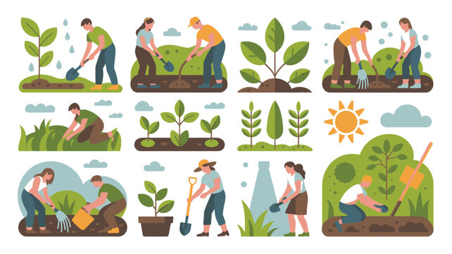 People Gardening and Planting Flat Illustrations of Individuals Working in the Garden Scenery