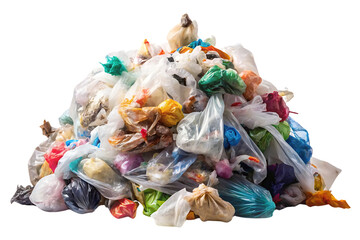 Mound of colorful plastic bags filled with food waste and household garbage in various transparent containers, isolated on a transparent background