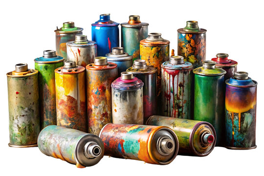 Collection of used spray paint cans covered in colorful paint drips and weathered metal surfaces, isolated on a transparent background