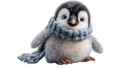 Cute penguin chick with scarf, fluffy soft detail, playful character, isolated on white background