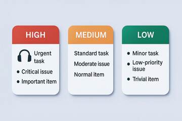 Color-coded task priority chart with high, medium, and low levels, used for productivity, time management, and project planning in business or personal organization systems.