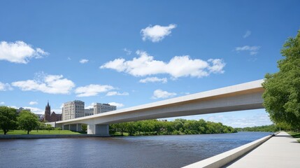 Naklejka premium Modern Bridge Over Calm River Under Clear Blue Sky Surrounded by Lush Green Trees and Scenic Urban Landscape