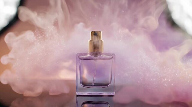 Elegant glass perfume bottle with pink and orange smoke on reflective surface. Luxury fragrance product photography for advertising. Cosmetic and beauty concept on gradient background