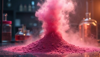 Pink powder erupts like volcano, creating colorful smoke in dark science laboratory. Chemistry reaction shows vibrant educational display for learning. Fun experiment explores material properties,