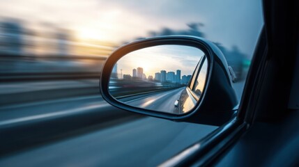 Fototapeta premium Modern car side mirror showing blurred city skyline in motion, focus on mirror, stylish travel concept, dynamic background