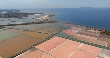 Aerial view of the Trapani salt pans, Sicily, Italy. Wide view of salt evaporation ponds. The Aegadian Islands are in the background.