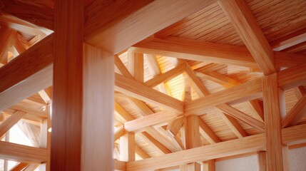 Obraz premium Intricate Wooden Architecture Showcasing Craftsmanship and Design with Exquisite Beams and Supports in a Bright Interior Space