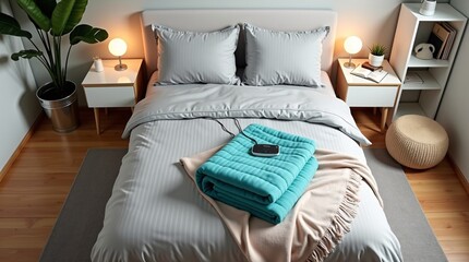 A neatly arranged bedroom with a bed, a folded turquoise electric blanket, bedside tables with lamps, a potted plant, a bookshelf, and a woven ottoman, creating a cozy and organized space.