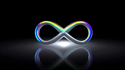 Glowing, colorful infinity symbol floating in a dark, minimalist environment, creating a visually striking and conceptual image.