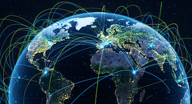 Global Network Connections Across Earth From Space Showing Continents and Cities
