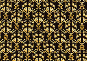 Decorative flowers and leaves in art nouveau style, vintage, old, retro style. Seamless pattern, background. Vector illustration. In art nouveau style, vintage, old, retro style. Gold and black