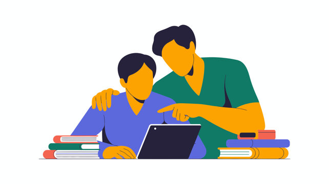 Adult mentor guiding a young student using a tablet computer surrounded by books for learning and education