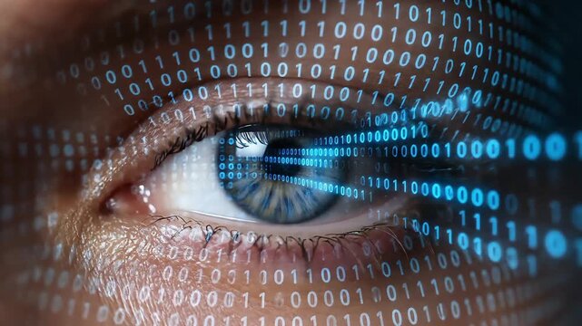Digital eye scanning with binary code flowing into it, representing technology and data analysis in the modern world - Powered by Adobe
