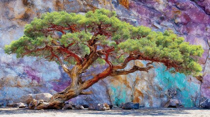 A vibrant green tree stands before a colorful rock face on a sunny day