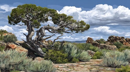 Desert landscape featuring a juniper tree shrubs rock formations and blue sky with clouds