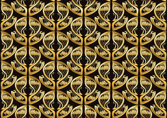 Decorative flowers and leaves in art nouveau style, vintage, old, retro style. Seamless pattern, background. Vector illustration. In art nouveau style, vintage, old, retro style. Gold and black