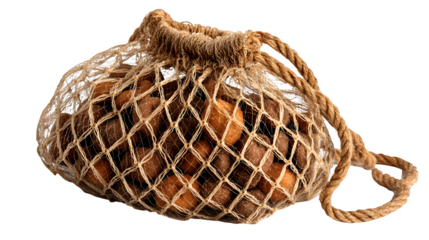 Dog treats in mesh bag, kibble visible through net, pet-friendly look, isolated on white background