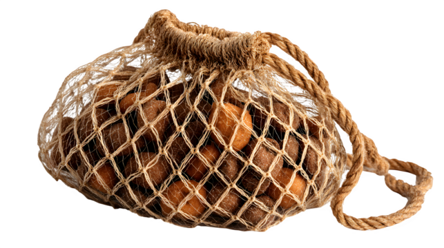 Dog treats in mesh bag, kibble visible through net, pet-friendly look, isolated on white background