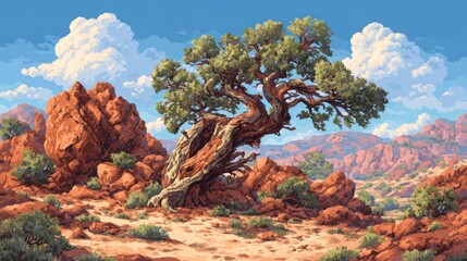 Desert landscape illustration scenic view of a twisted tree amidst red rock formations
