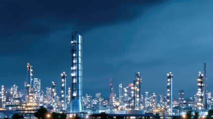 Nighttime Industrial Skyline View with Modern Structures, Glowing Lights, and Advanced Technology in a Clear Dark Blue Sky Setting