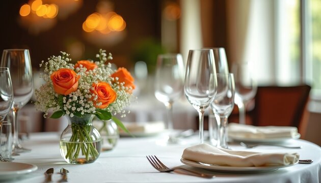 Elegant restaurant table setting prepared for dining event. Orange roses in vase with white baby breath flowers near glassware and folded napkins on clean white tablecloth.