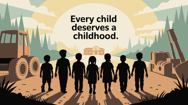Silhouette of Children Walking Towards a House Past Construction Vehicles Every Child Deserves Childhood