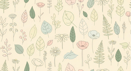 Delicate Hand-Drawn Floral and Leaf Pattern in Pastel Tones, Perfect for Seamless Backgrounds and Textile Design