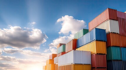 Fototapeta premium Colorful Shipping Containers Stacked in Bright Urban Environment with Clouds and Sunlight in the Background, Perfect for Transportation and Logistics Themes