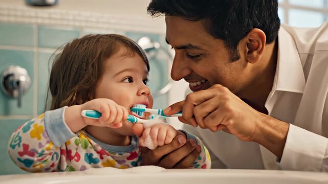 Caring father teaches his young toddler how to brush teeth in bathroom. Family bonding moment during daily oral hygiene routine. Parenting and healthy habits concept
