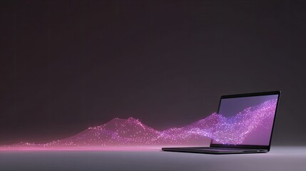 Naklejka na ściany i meble Vibrant Digital Wave Emanating from Laptop Creating an Illusion of Technology and Innovation in a Modern Workspace Naklejka na ściany i meble Vibrant Digital Wave Emanating from Laptop Creating an Illusion of Technology and Innovation in a Modern Workspace